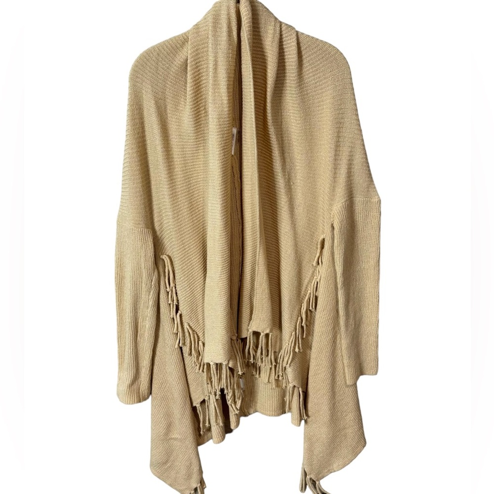 Cream/Tan color Long Duster with Fringe, Open front Cardigan, Size Small